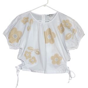 Madewell Embroidered Poplin Puff-Sleeve Cutout Crop Top NL011 Medium